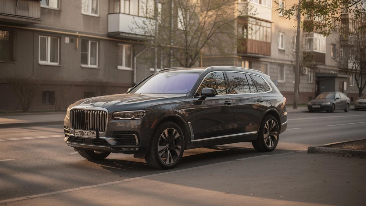 A dark luxury SUV parked on a quiet street in Kyiv in soft morning light